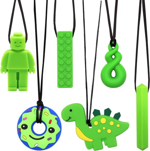 6 PCS Sensory Chew Necklace, Chew Toys Food Grade Silicone for Autistic Children, Teething, Anxiety, Biting Needs, ADHD, Oral Motor Chewy with Adjustable Buckle for Baby Boys Girls (Green)