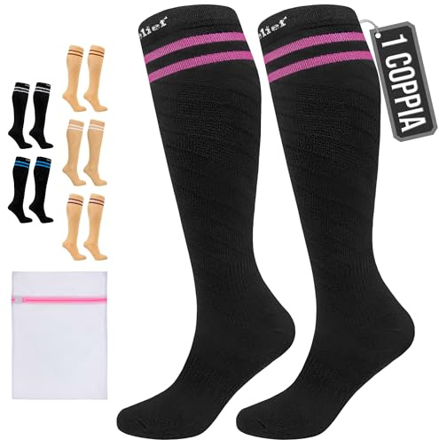360 RELIEF Compression Socks for Women Men, 15-20 mmHg Supports Circulation, Travel Flight Socks, Pregnancy Stockings S/M, Black with 2 Pink lines + Laundry Bag