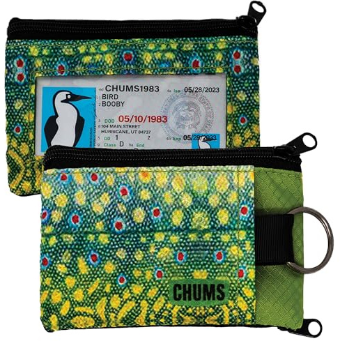 Chums Surfshorts Wallet - Lightweight Slim Wallet with RFID Blocking Card & Clear ID Window - Zippered, Minimalist Wallet w/Key Ring (Brook Trout)