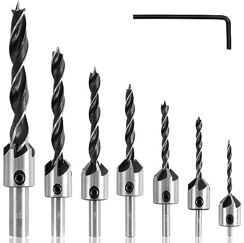 HSS 5 Flauta Countersunk Broca Set, 7 Piezas HSS Juego de Brocas Avellanadoras para Trabajar la Madera 3–10 mm Herramienta de Chaflán de Madera con Llave Hexagonal
