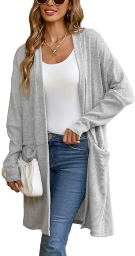 Famulily – Cardigan tricoté à manches longues pour femme, cardigan longline ouvert sur le devant avec cascade, élégant, gris, S