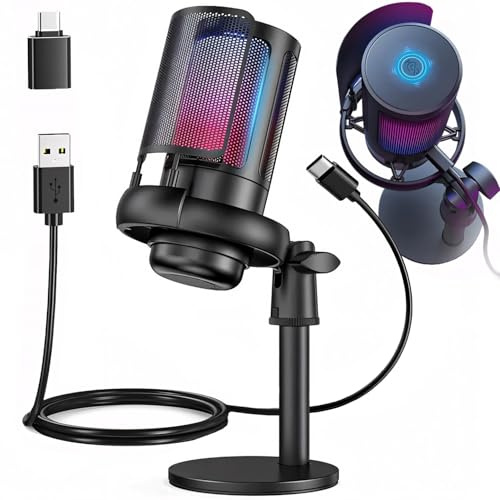 Retoo Gaming mikrofon RGB, USB-mikrofon med EN-klick tystgående funktion, brusreducering, volymkontroll, popfilter, plug&play, för PC, PS4, PS5, streaming, podcast, studio, YouTube, svart