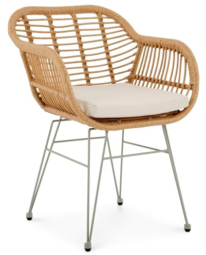 IDIMEX Chaise de Jardin Paramo, Imitation rotin Brun et Beige Fauteuil d'extérieur pour terrasse ou Balcon résistant aux UV, 4 Pieds en métal Anti-Rouille et Coussin d'assise Blanc