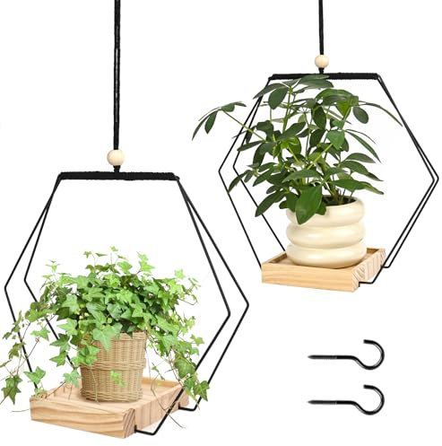 Rzspher 2 fioriere sospese per interni, con base in legno, vaso per piante sospese, colore nero, con ganci inclusi per interni ed esterni, terrazza, balcone, piante d'appartamento, piante grasse