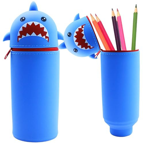 Nnicorns 2-in-1 Silikon Kawaii Federmäppchen, Weiche Silikontasche, Kawaii Federmäppchen, Federtasche aus weichem Silikon für Stifte (Hai, Blau)