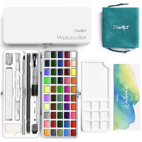 JusArt 50 Colors Watercolor Paint Set,Art Supplies with Metallic Color, Detail Painting Brushes, Water Brush Pens, Portable Travel Painting Kit for Artists, Professionals, Adults, Kids