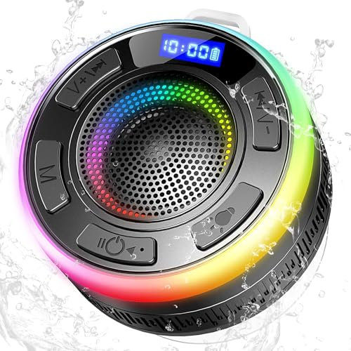 PRSCFUM Bluetooth Shower Speaker, Portable Wireless Speaker IP7 Waterproof 360° Surround Sound, Bulit-in Mic, LED Light, Bathroom Speakers with Suction Cup for Bathroom, Party, Outdoor, Travel (New)
