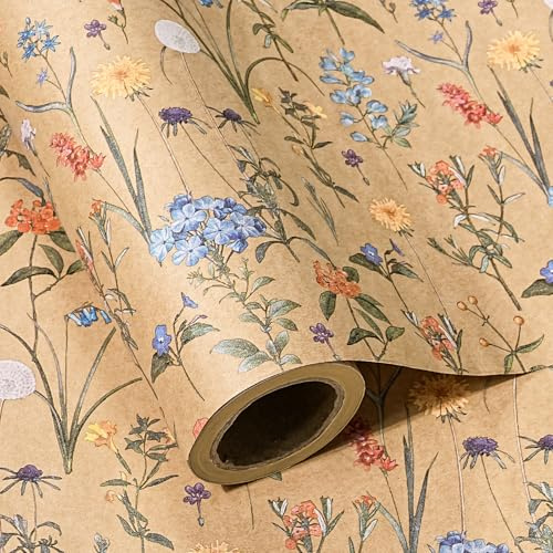 RUSPEPA Presentpapper med blommigt kraftpapper – minirulle – 43,2 cm x 10 m – presentpapper med vilda blommor, perfekt för födelsedagar för flickor och kvinnor, bröllop och flickor
