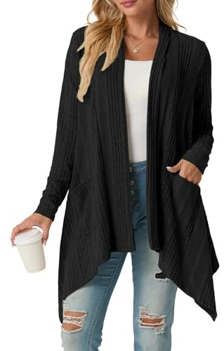 GRECERELLE Womens Cardigans Ribbed Knit Long Sleeve Lightweight Fall Winter Casual Shawl Collar Irregular Hem Cardigan for Ladies with Pockets