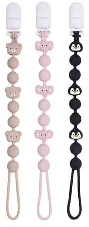 Cute Fruits Silicone Pacifier Clip Holder,Pack of 3,Flexible One Piece Design Paci Leash,Binky Clips for Baby Boys and Girls,Newborn Essential. (Elephant,Penguin,Bear)