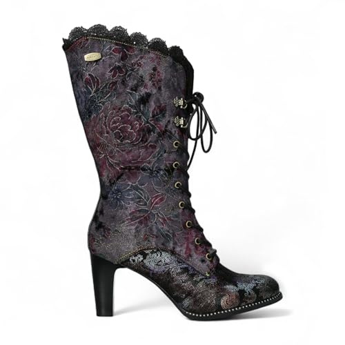 Botas de Tacón de Piel Violeta con Cordones Estilo Victoriano Gótico Alcbane 0351 de Laura Vita Para Mujer, con Flores, Ribete de Encaje Vintage y Tacón de Aguja Alto.