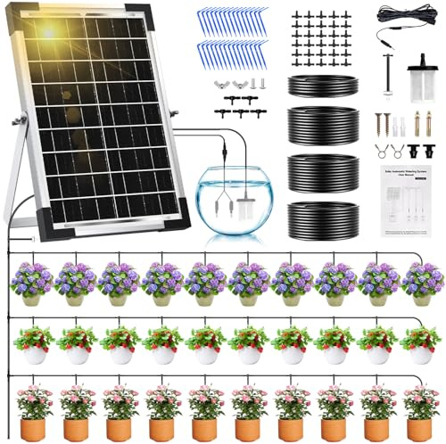 Onherm Kit di Irrigazione Automatica Solar per 30 Piante in Vaso, con Tubo da 35M e 300 Modalità di Irrigazione, Automatica Irrigazione Solare a Goccia per Giardin, Balcone, Piante in Vaso