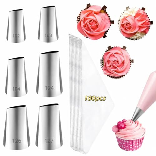 LLMSIX Set di sac à poche e punte, 6 beccucci a forma di petalo e 100 sac à poche, 102, 103, 104, 124, 126, 127, in acciaio inox, per rose, fiocchi, volant, cupcake, decorazioni fai da te