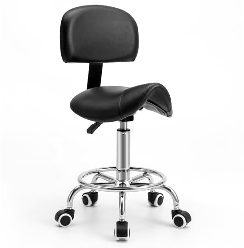 Sgabello da sella con schienale – Sgabello girevole a 360° con ruote e poggiapiedi regolabile | Sgabello da sella con ruote regolabili in altezza 49-61 cm | ideale per ufficio, salone e cosmetici come