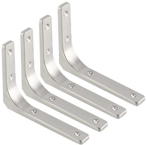 SAYAYO Stainless Steel Shelf Bracket Heavy Duty Brushed L Bracket 200*150mm | Angle Brackets for Wood Wall Brackets for Shelves Shelf Support, Brushed Nickel, 4 Pcs