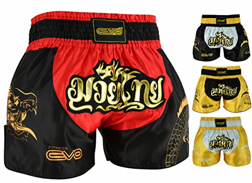 EVO Fitness Muay Thai Shorts MMA Martial Arts Grappling Kick Boxing UFC Cage Fighting Gym Training Men Women Clothing Gear (X-Small, Red/Black)