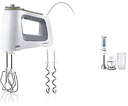 Braun HM5100WH Handmixer, Weiß/Grau & Braun Stabmixer MQ 5220WH Stabmixer – MultiQuick 5 Vario Pürierstab mit Edelstahl Mixfuß, 1000 Watt, inkl. 2-teiligem Zubehör-Set, weiß/grau