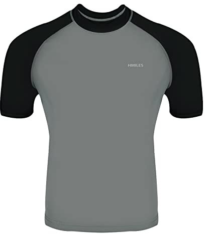 H.MILES Herren Rash Vest Rashguard Kurzarm schwarz Schnorcheln Schwimmen Surfen Tops Tauchen Anzug UV Schutz Beach T-Shirt Shortsleeve, Grey/Black, L