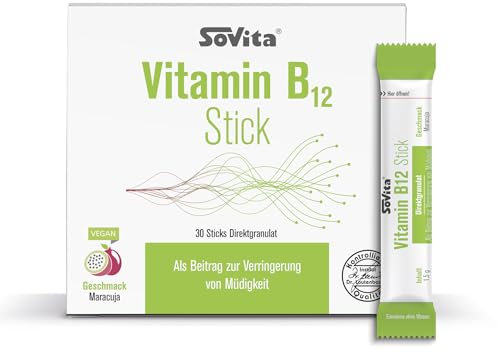 sovita Vitamin B12 Stick | Hochdosiert mit 500 μg | Unterstützt Energiestoffwechsel & verringert Müdigkeit | Ideal für Veganer & Vegetarier | Direktgranulat mit Maracujageschmack | Ohne Wasser einnehm