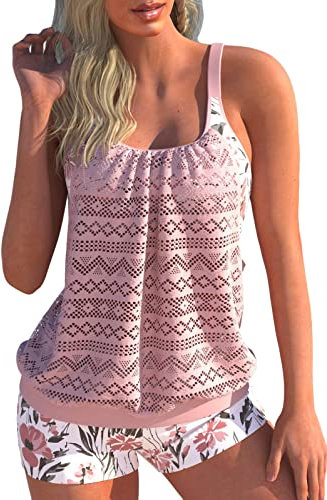shownicer Damen Spitze Tankini Set Beachwear Push Up Einfarbig Zweiteilig Badeanzug Zweiteiliger Tankini Set Strand Schwimmanzug Swimsuits Bikini Tank Top und Shorts D Rosa XL
