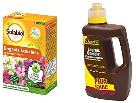 SOLABIOL SOLAURY15 Engrais pour Lauriers et Bougainvilliers 100% Organique Action Longue Durée, 1,5 Kg & SOLICOMP1 Liquide Universel 1L - Utilisable en Agriculture Biologique