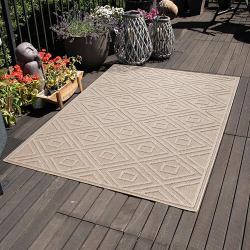 Carpettex Outdoor Teppich Wetterfest 80 x 150 cm Läufer, Sisaloptik, Beige - Ideal für Balkon, Garten, Terrasse, Camping und als Küchenläufer - Waschbarer Teppich, Rauten Design, Flachgewebe