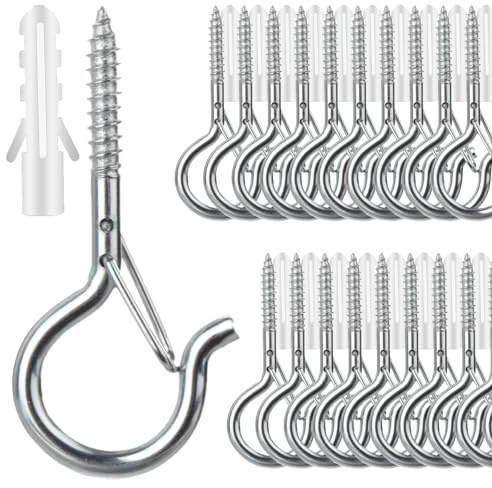 FSAH 25 PCS Screw-in Hooks for Outdoor String Lights, Q Hangers Hooks Outdoor for Outside, Swivel Hanging Basket Patio Light Hooks with Safe Buckle Screw in Planter Eye Hook for Wall Ceiling, Silver