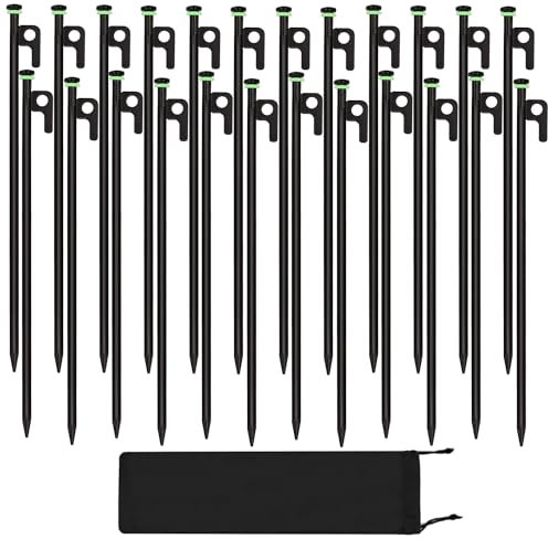 Zeltheringe, 40,6 cm, robuste Zeltheringe mit Aufbewahrungstasche, geschmiedete Stahl-Zeltheringe, strapazierfähig, Metallpfähle für Zelte auf Felsen, Wiesen, Schneefeld (24 Stück 40,6 cm Heringe)