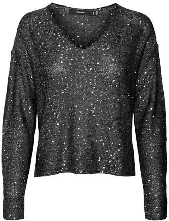 VERO MODA Vmleilani New LS V-Neck Jersey Punto, Negro/Detalles: Lentejuelas Plateadas, L para Mujer