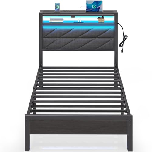Seventable Bett 90x200 mit LED, Ladestation (2 USB-Anschlüsse & 1 Typ-C-Anschluss), Metallbett mit Gepolstertem Kopfteil & Stauraum, perfekt für Kinderzimmer, Jugendzimmer