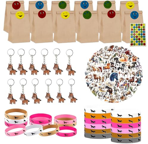 96 ciondoli per feste di compleanno per bambini, decorazione per feste di cowboy, 12 braccialetti in silicone, 12 sacchetti regalo, 12 portachiavi a cavallo, 60 adesivi per ragazzi e ragazze