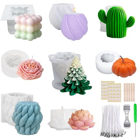 Lot de 8 moules à bougie en silicone 3D DIY - Avec 50 mèches de bougie - Moules à bougies à couler - Pour bougies d'aromathérapie et décoration de la maison