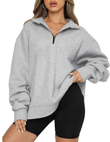Timuspo Damen Half Zip Sweatshirt Basic Oversized Einfarbig Sport Pullover Fleece-Innenfutter Sweatjacke Ohne Kapuze Alltagsmode Pulli Grau S
