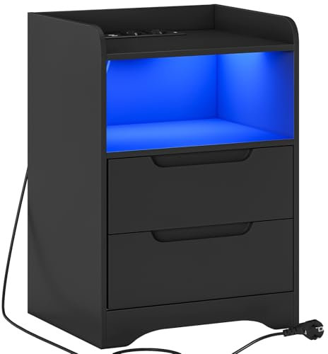 Brinlawb Nachttisch mit LED-Beleuchtung und Ladestation(2 AC-Steckdosen, 2 USB-Anschlüsse) Nachtschrank mit 2 Schubladen und 1 Offenes Fach Beistelltisch Sofatisch für Wohnzimmer Schlafzimmer, Schwarz