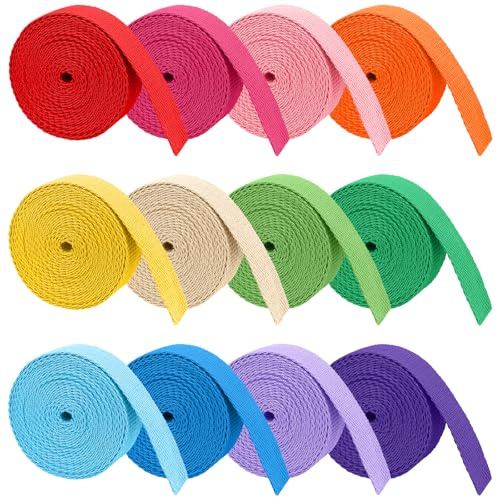 12 Stücke 54M Bunte Polypropylen-Gurtband 25mm Breit Schrägband Rucksackband Polypropylen Gurtbänder Nahtband zum nähen für Rucksäcke Nähen Taschenband DIY Basteln Stricken Verpackungen