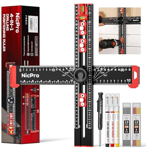 Nicpro 4-in-1 Drilling Positioning Scribing Ruler, Adjustable Multifunctional T Square Ruler with Carpenter Pencil, Carpenters Square Tools for Woodworking, Cabinet Drawer Door Hole Drilling Template