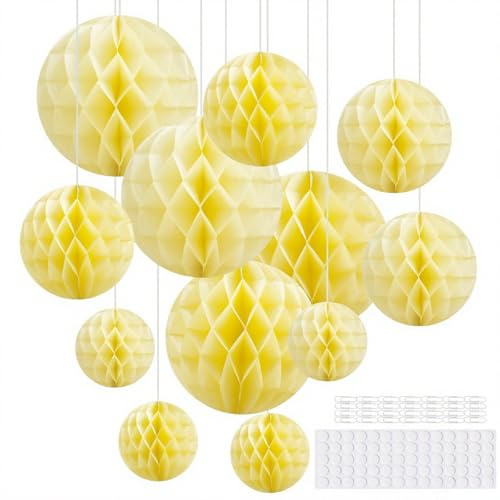 Hexizexi 12 Boules en Papier nid d'abeille 15cm 20cm 25cm Boules Alvéolées Jaune adaptées aux anniversaires, mariages, fêtes de fin d'études, décorations de festivals