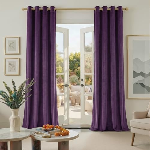 PONY DANCE Velvet Curtains, 90 Inch Drop Set of 2 Violet Eyelet Curtains, Soft Elegant Home Decor Crushed Velvet Drapes for Living Room, W52xL90
