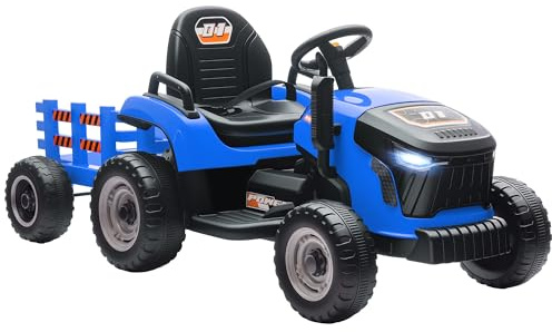 AIYAPLAY Tractor Eléctrico para Niños con Remolque Desmontable, Tractor de Juguete de Batería 12V, Velocidad 3-5 km/h, Control Remoto 2,4G, Música, Bocina, para Niños de 3-8 Años, Azul