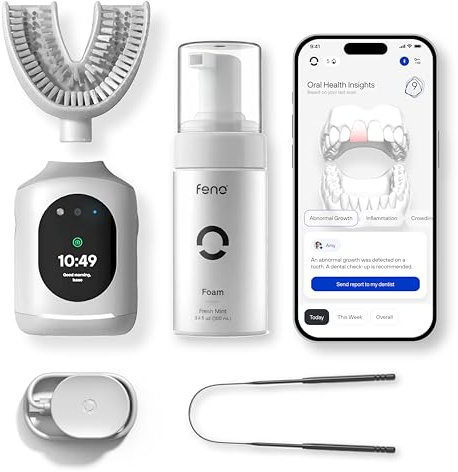 Feno Smartbrush Founders Edition Plus - Cepillo de dientes eléctrico alimentado por IA con boquilla personalizada, pasta de dientes de espuma (3 tubos), raspador de lengua y suscripción de 12 meses