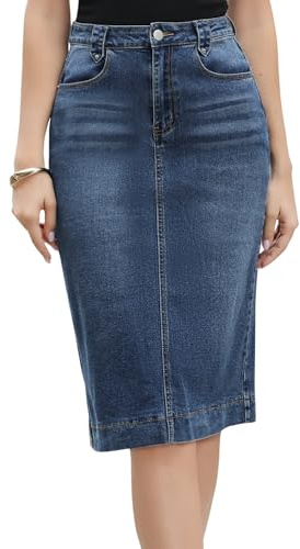 Allegra K Falda Vaquera para Mujer Cintura Alta Bolsillos Traseros Divididos Falda Lápiz hasta la Rodilla Azul Oscuro L