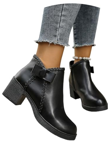 MEECHI Stivaletti Eleganti da Donna con Fiocco Stivaletti Chelsea con Tacco A Blocco Stivali Corti retrò con Punta Tonda Tacchi Alti in Pelle PU Scarpe alla Caviglia Casual con Cerniera