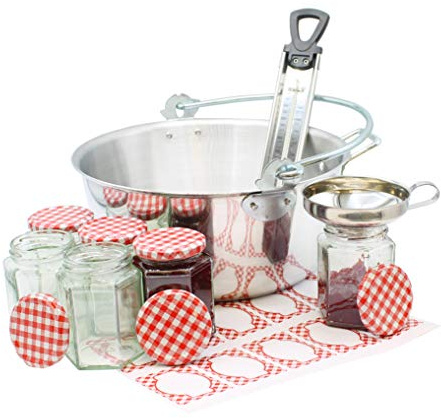 Jam Making Kit Starter Bundle Includes Maslin Pan Suitable for Electric, Gas or Induction Hob, 6 x Jars & Lids, Thermometer, Funnel & Labels Comes Boxed