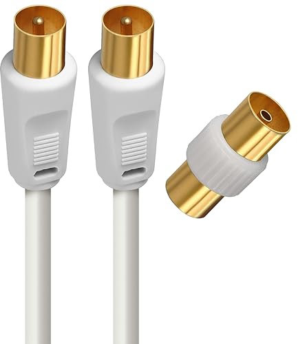 APM 408015 - Câble TV Mâle/Mâle 9,52 mm - Câble Coaxial de 5 m - Adaptateur Femelle Inclus - Connexion d'un Téléviseur vers une Fiche Murale ou un Décodeur - Blanc