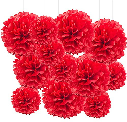 GAKA FAVOR 12er Seidenpapier Pompons Set,Rot Tissue Hängedekoration Papier Pompoms Deko für Hochzeit,Taufe,Geburtstag,Kommunion,Valentinstag Muttertag Party Deko