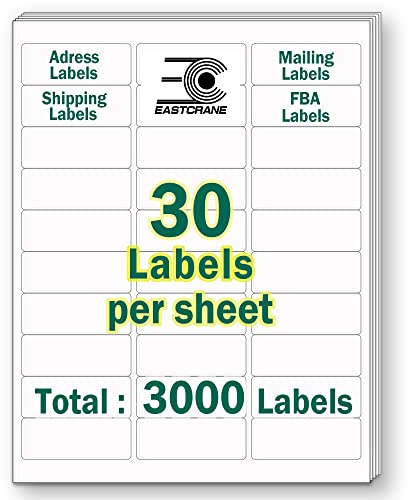 EastCrane 1 x 2-5/8 Printable Mailing Address Labels,3,000 Sticker Labels(100 Sheets),White Blank Labels for Laser/Inkjet Printer,Permanent Adhesive Name Labels,FBA Labels