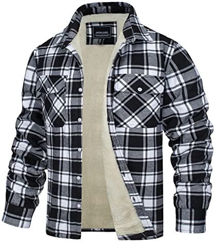 TACVASEN Chaqueta de Franela Hombre Camisa de Leñador Invierno Camisa a Cuadros Casual Camisas de Trabajo Camisa con Botones Bolsillos, Negro
