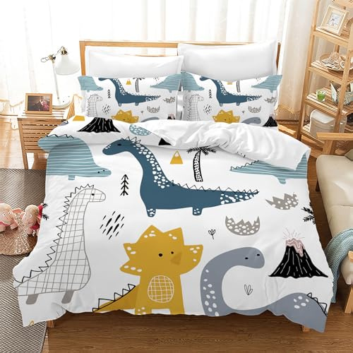 Leleyouzer Copripiumino 3D Dinosauro 135×200 cm, Biancheria da Letto per Bambini, Copripiumino in Microfibra e 2 Federe 50 x 75 cm