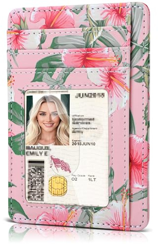 Teskyer Women Card Holder Wallet, Slim Credit Card Wallets, Minimalist, RFID Blocking, 1 ID Window, Holds up to 8 Cards, Hibiscus