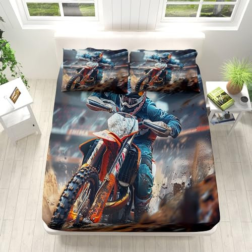 Outdoor-Sport-Motocross Design Spannbettlaken 140x200cm Weiche Mikrofaser Boxspringbett Bettlaken, Dekorativer Stoff Spannbetttuch, Rund-um Elastischem Gummizug, für Matratzen von 5-30 cm